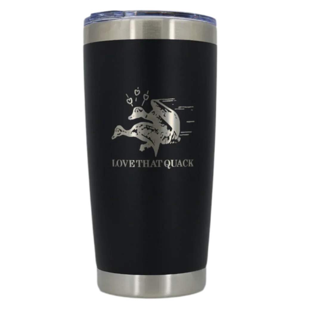 Black tumbler with featuring 'LOVE THAT QUACK'