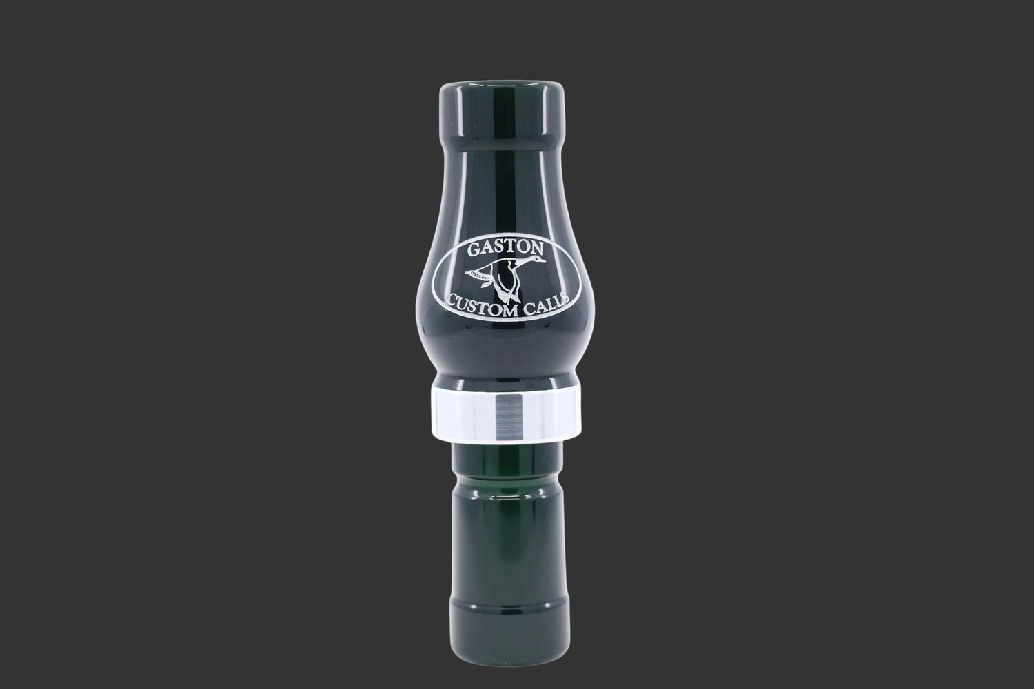 mallard green and silver band goose call with 'Gaston' branding on a grey background