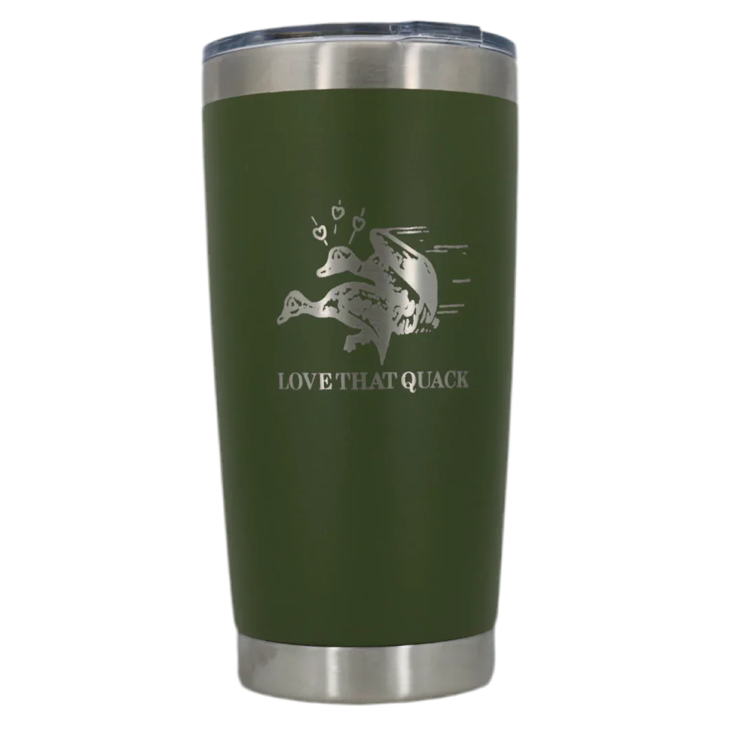 Green tumbler with 'LOVE THAT QUACK' design