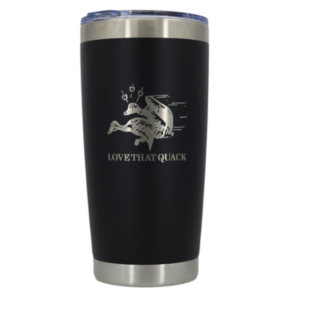 Black tumbler with featuring 'LOVE THAT QUACK' 
