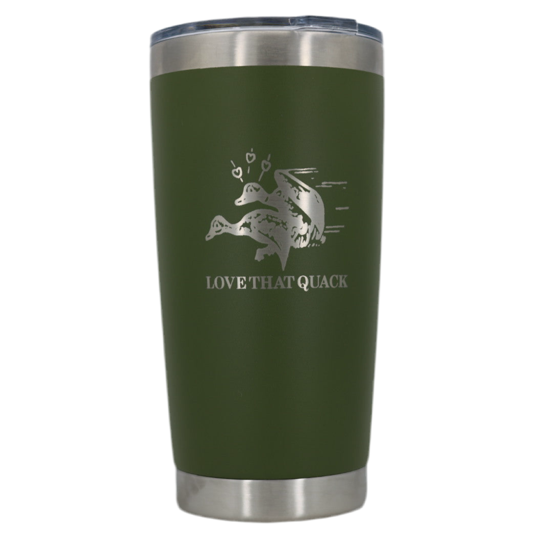 Green tumbler with 'LOVE THAT QUACK' design